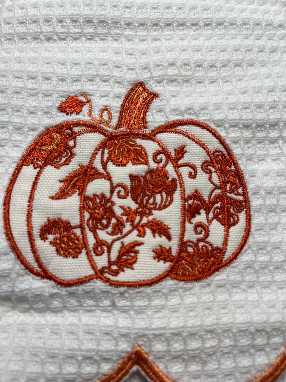 White Cotton Kitchen Towels with Orange Pumpkin Motif